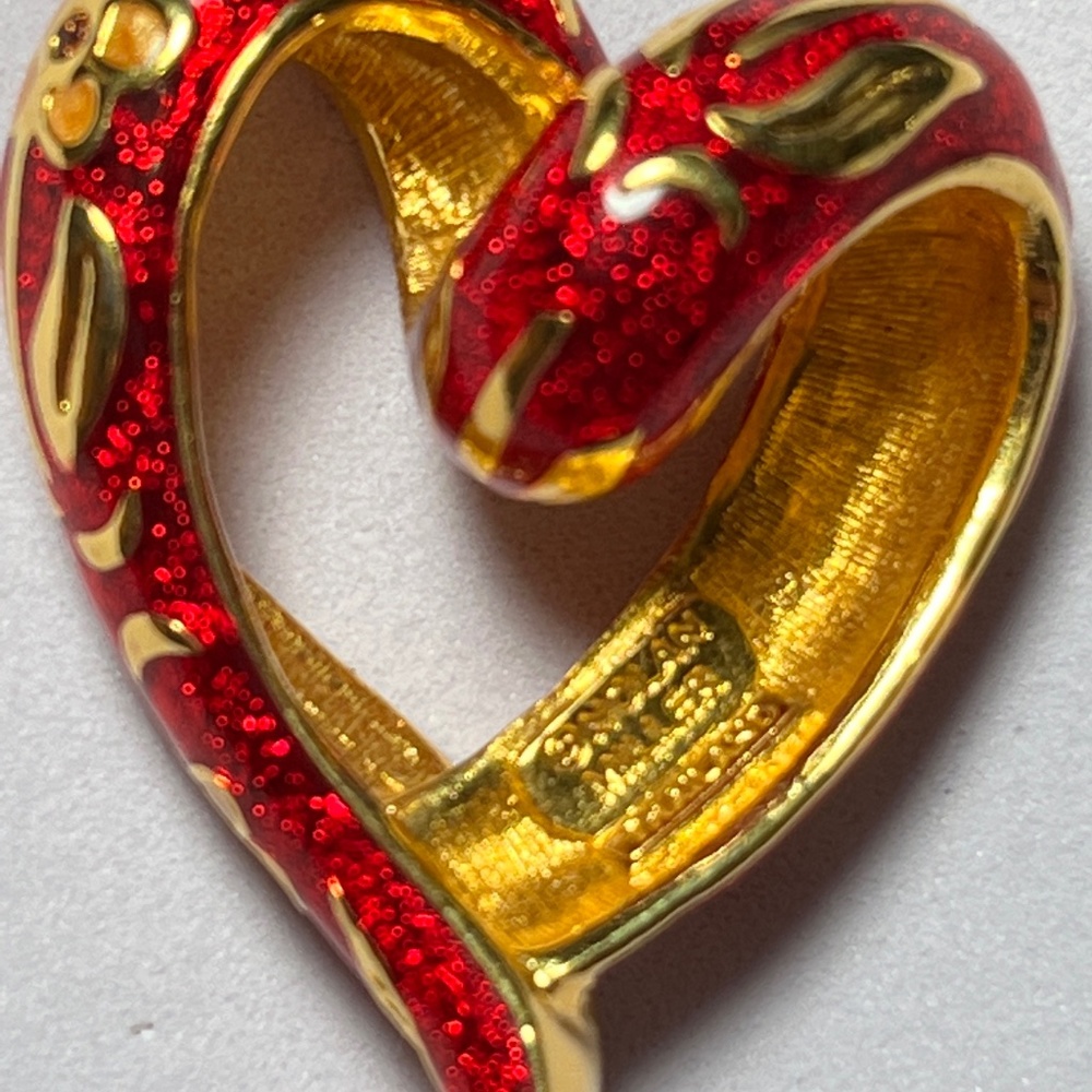 Signed Nolan Miller Vintage Cloisonne Floral Red and Gold Heart Pendant